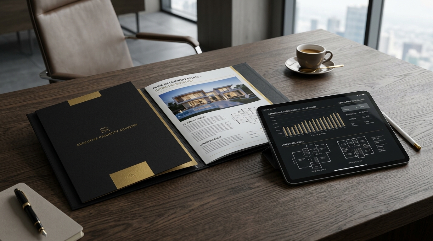 Executive Real Estate Listing Presentation Dossier and iPad Market Analytics